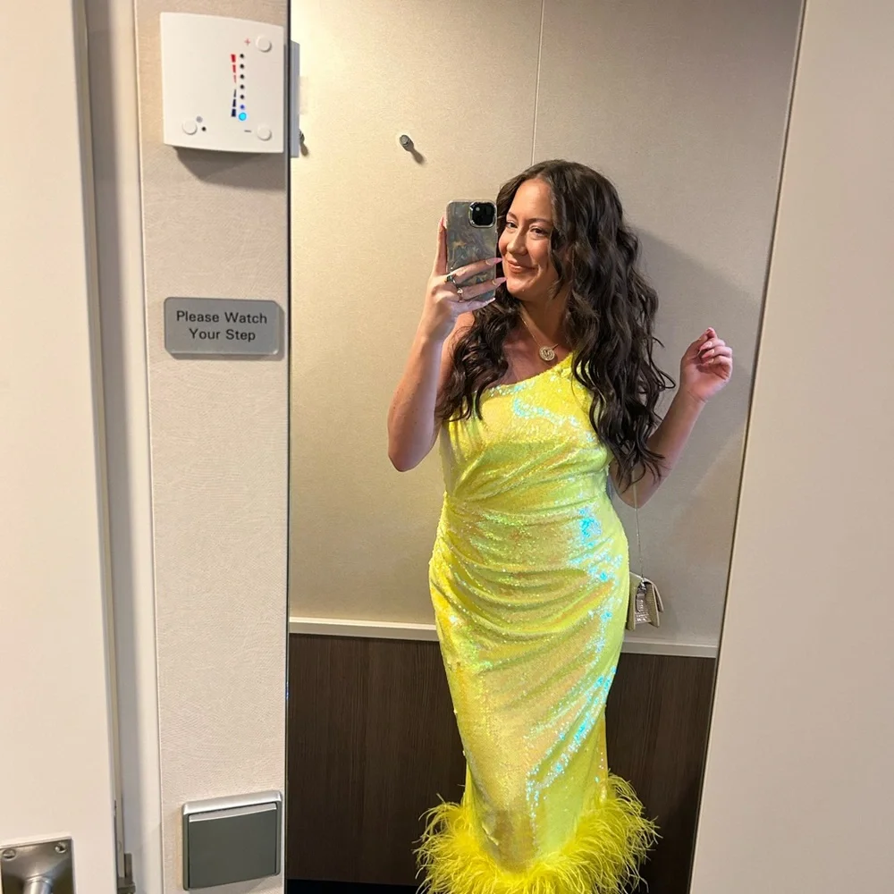 Yellow Ruched One Shoulder Cocktail Dress - Picture 4 of 4